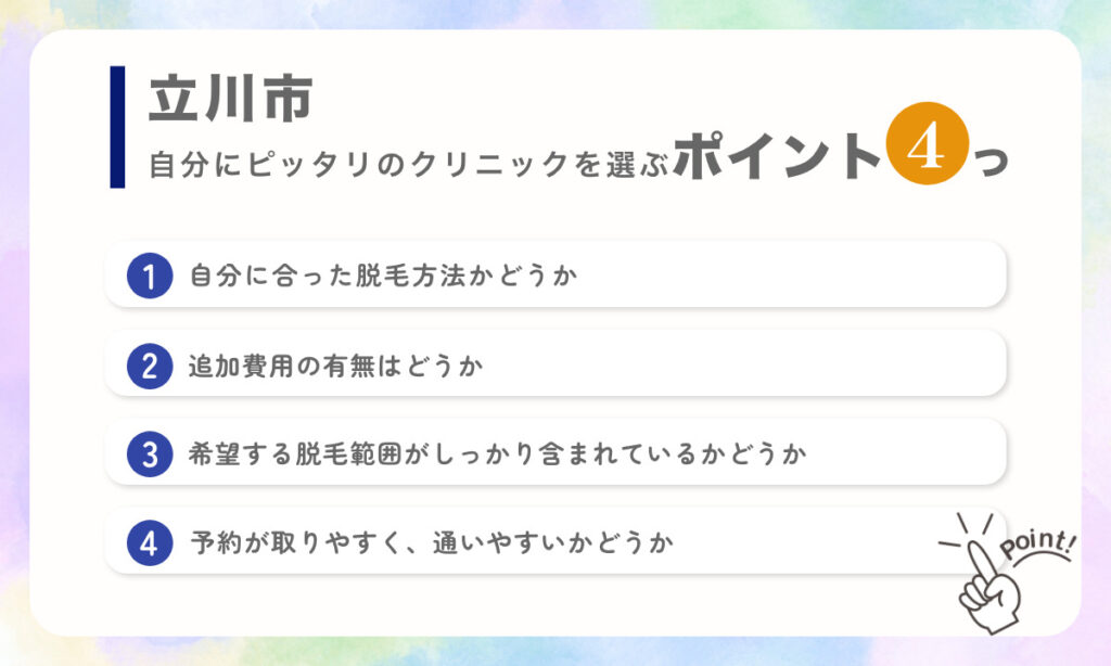 自分にピッタリのクリニックを選ぶコツをご紹介。自分に合った脱毛方法かどうか。追加費用の有無はどうか。希望する脱毛範囲がしっかり含まれているかどうか。予約が取りやすく、通いやすいかどうか